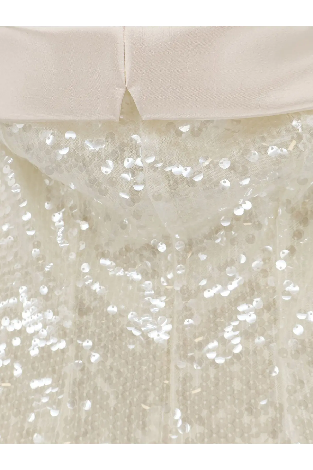 Alberta Ferretti women’s dress white featuring a shimmering ivory sequined skirt with sheer overlay and satin waistband