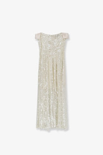 Alberta Ferretti women’s white maxi dress with shimmering off-white sequins delicate shoulder straps and pleated skirt