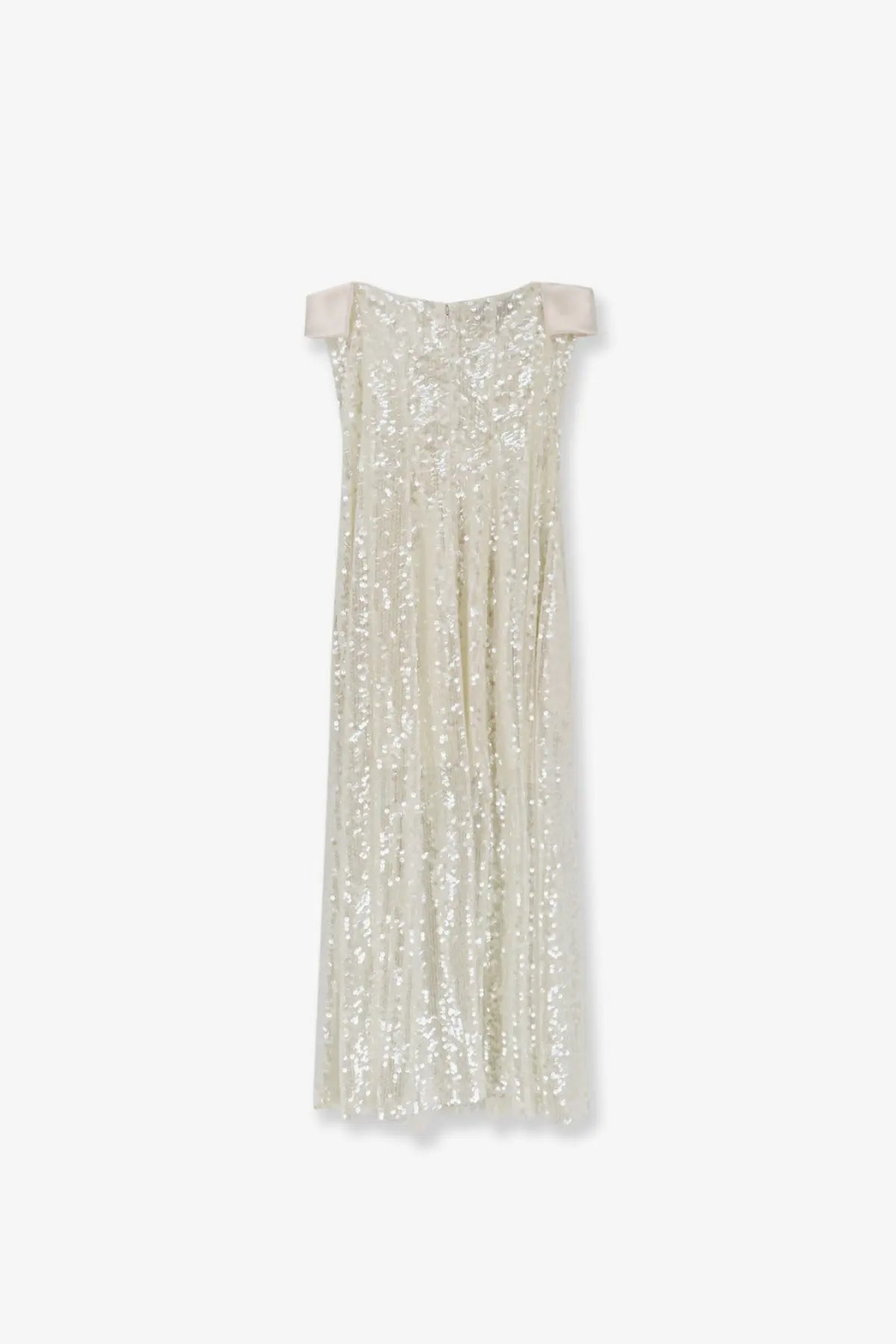 Alberta Ferretti women’s off-white sequined maxi dress with delicate shoulder straps and flowing pleated skirt