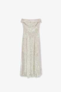 Alberta Ferretti women’s off-white sequined maxi dress with satin collar and pleated skirt
