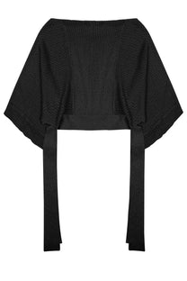Alberta Ferretti women’s black knitted poncho with ribbed center, sheer mesh sleeves, and tied belt ends visible from the back