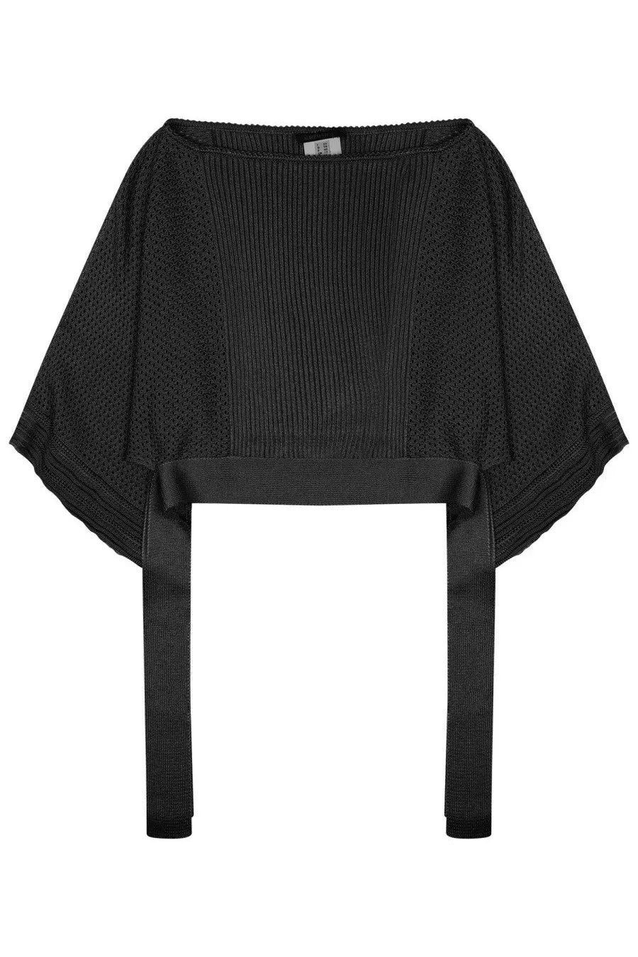 Alberta Ferretti women’s black knitted poncho with ribbed texture open-knit pattern and matching tie straps