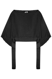 Alberta Ferretti women’s black knitted poncho with ribbed texture open-knit pattern and matching tie straps