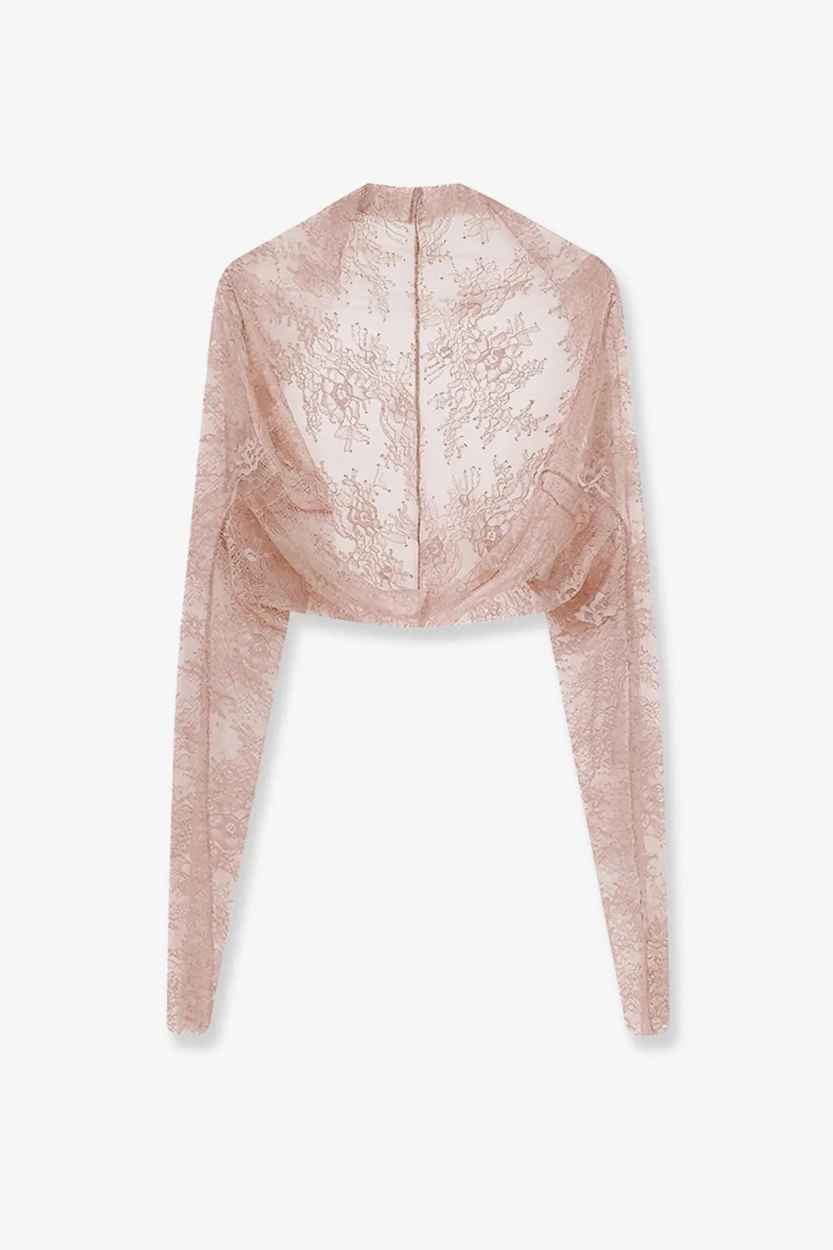 Alberta Ferretti women’s beige lace shrug featuring delicate blush pink lace crop top with long sleeves and high neckline