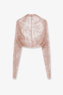 Alberta Ferretti women’s beige lace shrug featuring delicate blush pink lace crop top with long sleeves and high neckline