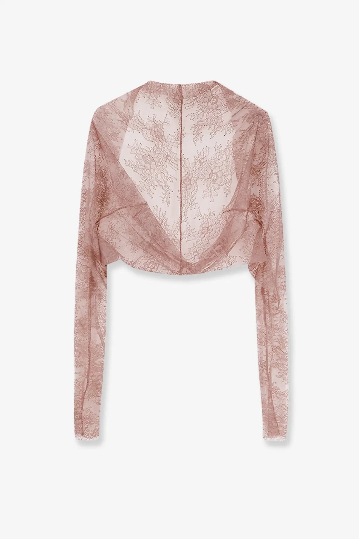 Alberta Ferretti women’s beige lace shrug with delicate rose gold lace crop top style and sheer flowing fabric long sleeves