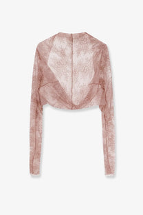 Alberta Ferretti women’s beige lace shrug with delicate rose gold lace crop top style and sheer flowing fabric long sleeves