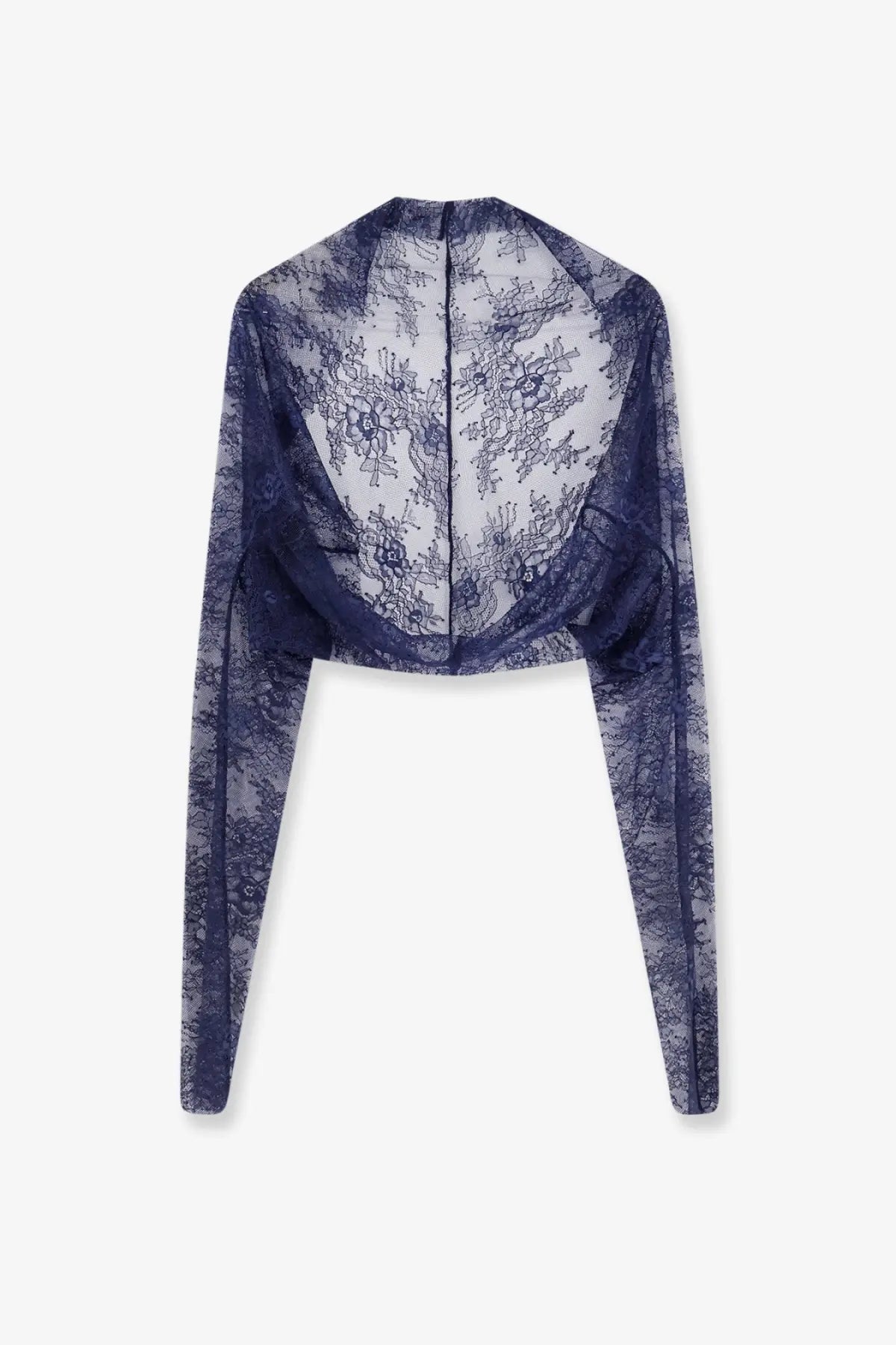 Alberta Ferretti womens blue sheer lace crop top with long sleeves and high neckline