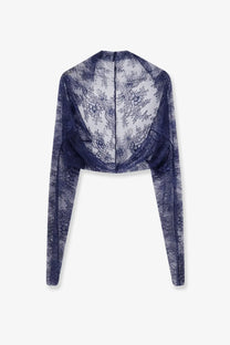 Alberta Ferretti womens blue sheer lace crop top with long sleeves and high neckline