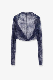 Alberta Ferretti women’s navy blue sheer lace crop top with long sleeves and high neckline