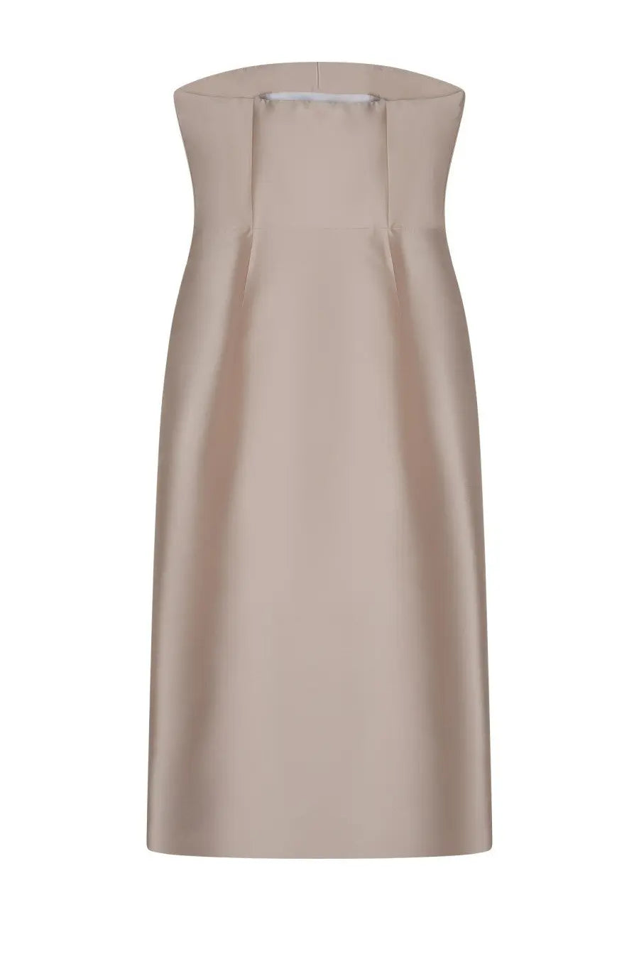 Alberta Ferretti women’s beige strapless satin midi dress with structured bodice and subtle vertical pleats