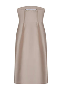 Alberta Ferretti women’s beige strapless satin midi dress with structured bodice and subtle vertical pleats