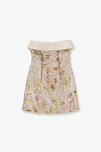 Alberta Ferretti women’s off-the-shoulder mini dress with shimmering pastel floral pattern and ivory satin neckline trim