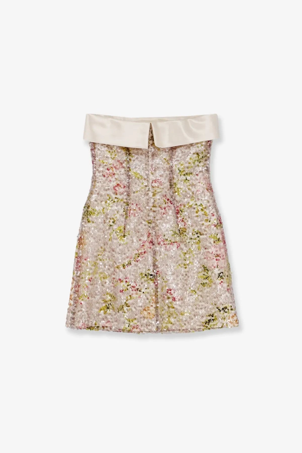 Alberta ferretti women’s mini dress with strapless shimmering floral pattern in pastel hues and ivory satin collar