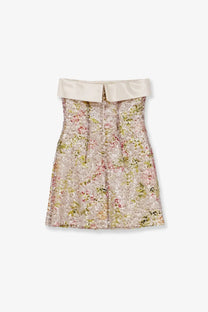 Alberta ferretti women’s mini dress with strapless shimmering floral pattern in pastel hues and ivory satin collar