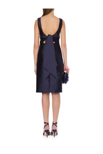 Alberta Ferretti women’s raso midi dress blue navy satin with back bow and cut-out details shown from the back