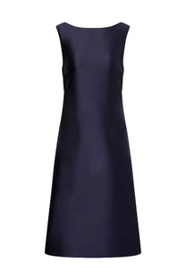 A sleek navy blue sleeveless Alberta Ferretti midi dress with a smooth satin finish and an elegant simple cut