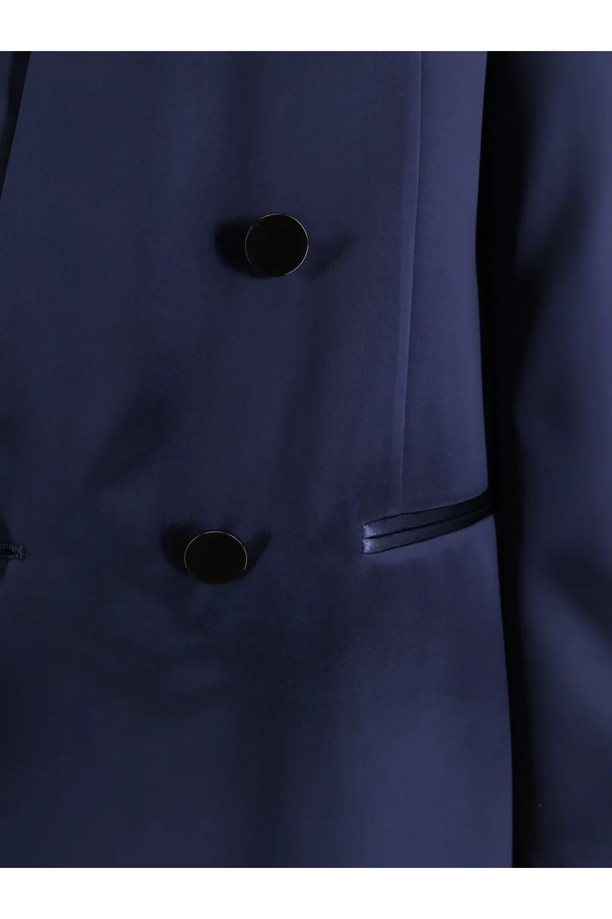 Alberta Ferretti women’s satin blazer in dark navy with polished black buttons and subtle stitching details