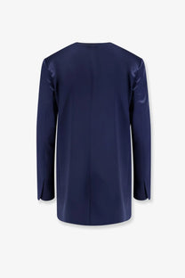 Alberta Ferretti women’s satin blazer in navy blue with a sleek glossy finish and subtle sheen