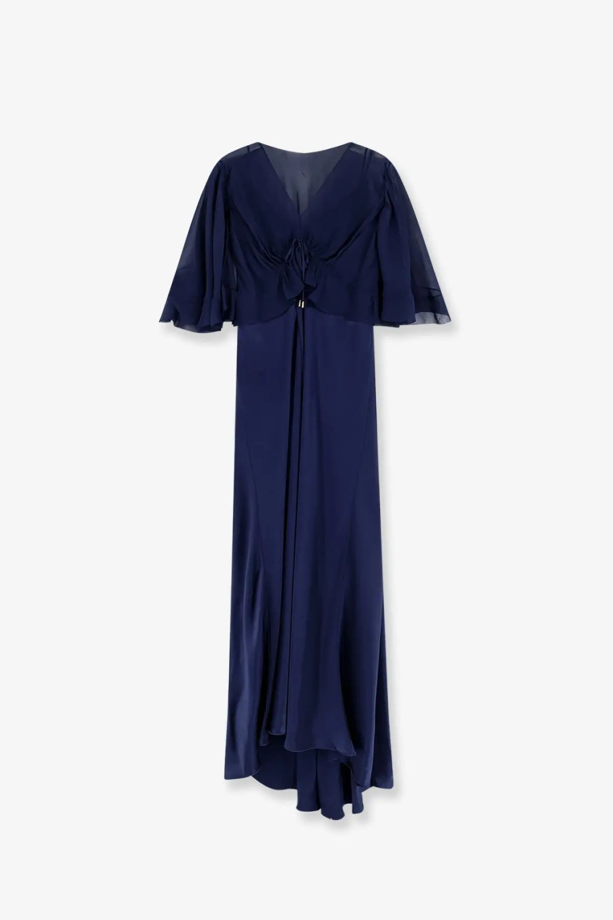 Alberta Ferretti women’s navy blue satin long dress with sheer ruffled short sleeves and a v-neckline
