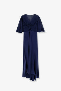 Alberta Ferretti women’s navy blue satin long dress with sheer ruffled short sleeves and v-neckline