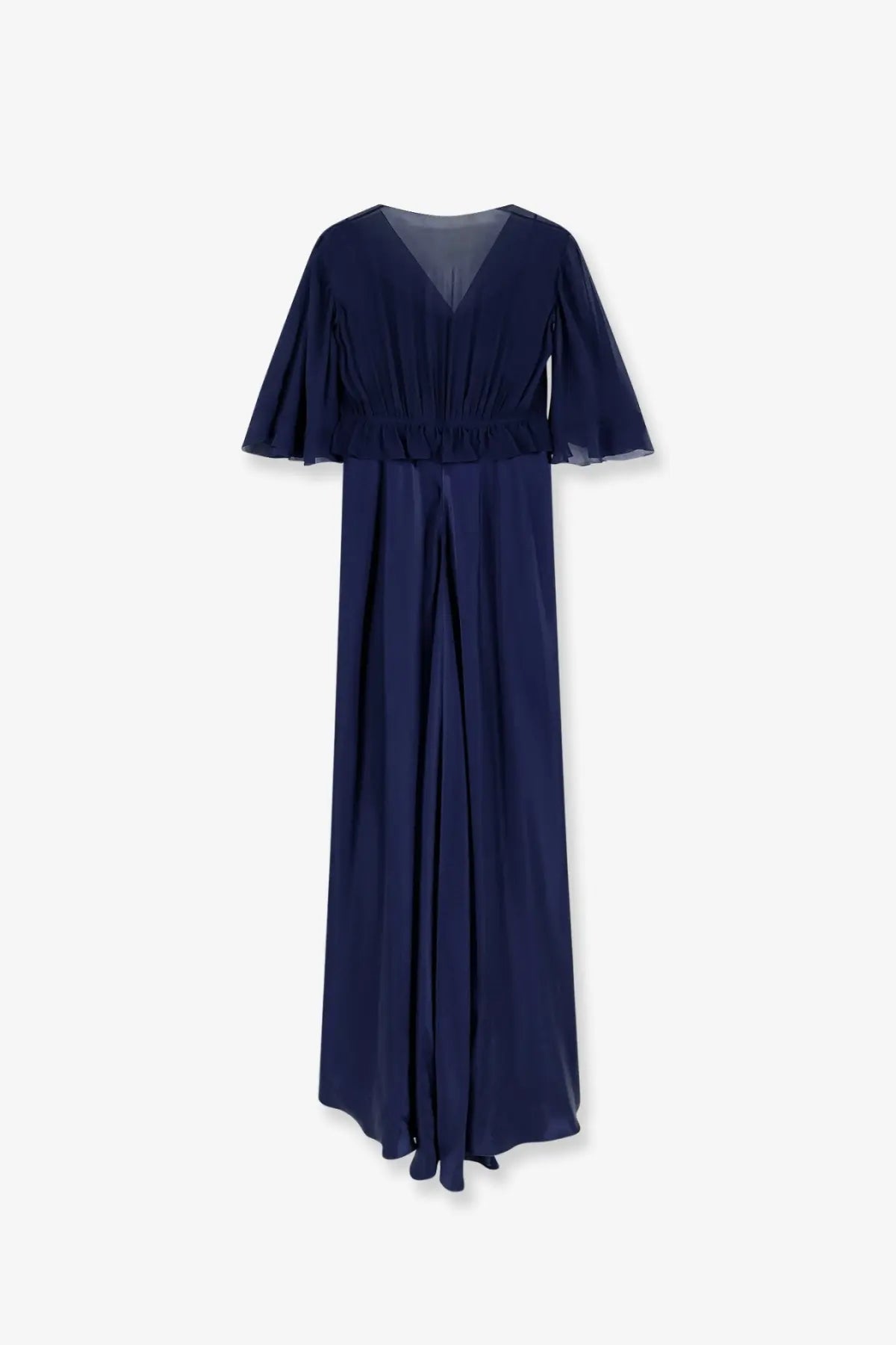 Alberta Ferretti women’s navy blue satin maxi dress with v-neckline and sheer ruffled short sleeves