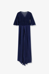 Alberta Ferretti women’s navy blue satin maxi dress with v-neckline and sheer ruffled short sleeves