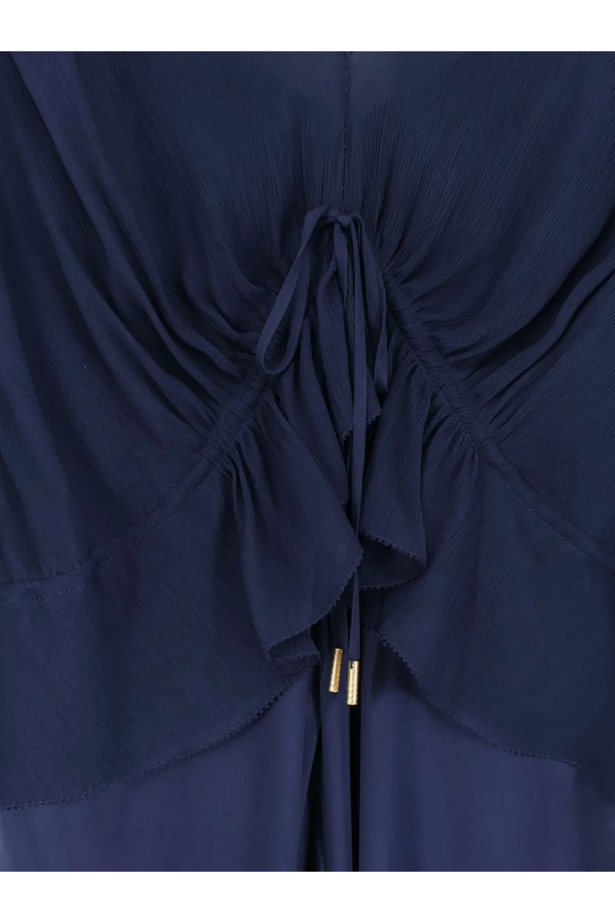Back view of Alberta Ferretti women’s navy blue satin long dress with ruched detail and gold-tone drawstring aglets