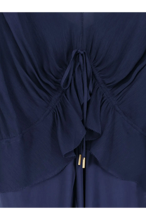 Navy blue satin long dress by alberta ferretti with ruched design and drawstring tie with gold-tone metal aglets back view