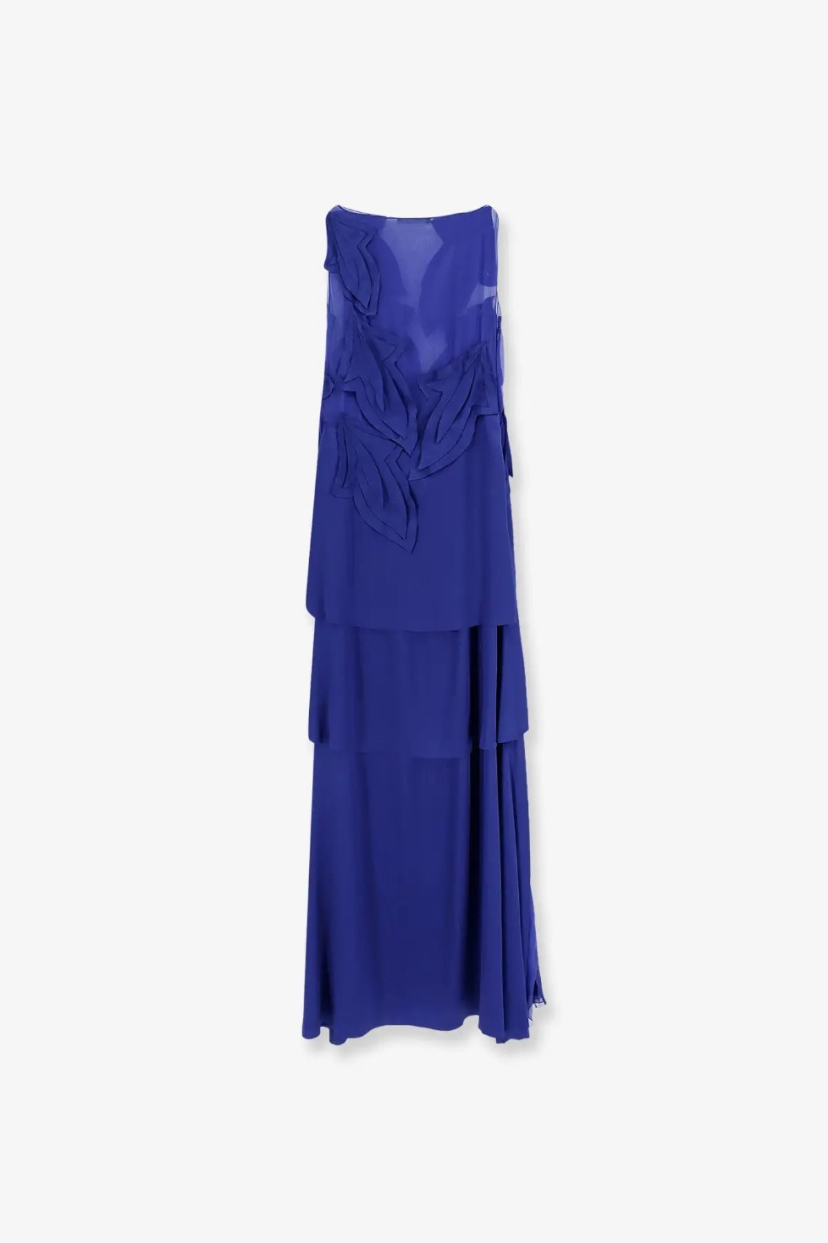 Alberta ferretti women’s satin royal blue sleeveless tiered gown with layered ruffles and sheer back panel shown from back