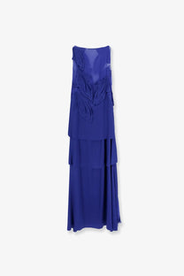 Alberta ferretti women’s satin royal blue sleeveless tiered gown with layered ruffles and sheer back panel shown from back