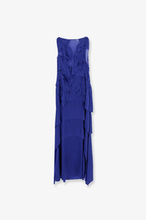 Alberta Ferretti women’s royal blue satin sleeveless gown with layered ruffled fabric cascading down front and sides