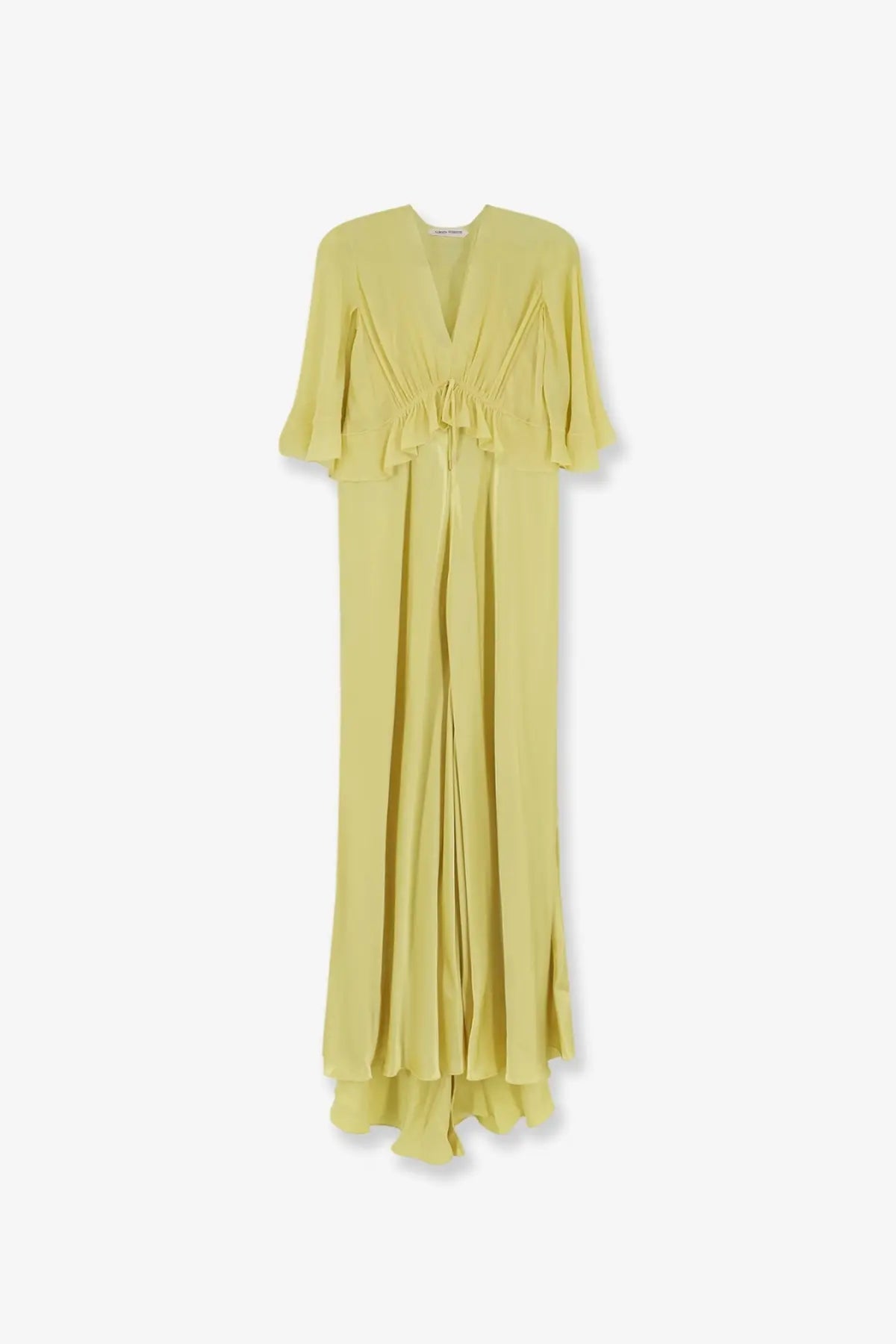 Alberta Ferretti women’s satin long dress yellow flowing maxi with v-neckline and ruched waist detailing