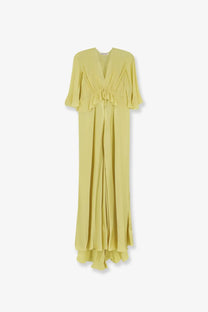 Alberta Ferretti women’s satin long dress yellow flowing maxi with v-neckline and ruched waist detailing