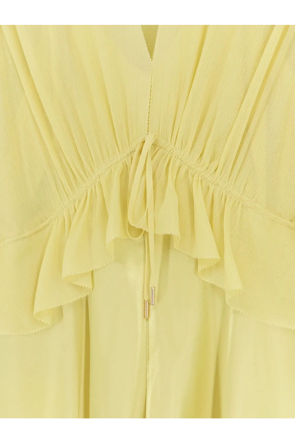 Alberta Ferretti women’s satin long dress in pale yellow with flowing fabric ruffled hem and delicate waist drawstring