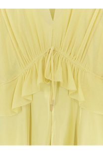 Alberta Ferretti women’s satin long dress in pale yellow with flowing fabric ruffled hem and delicate waist drawstring