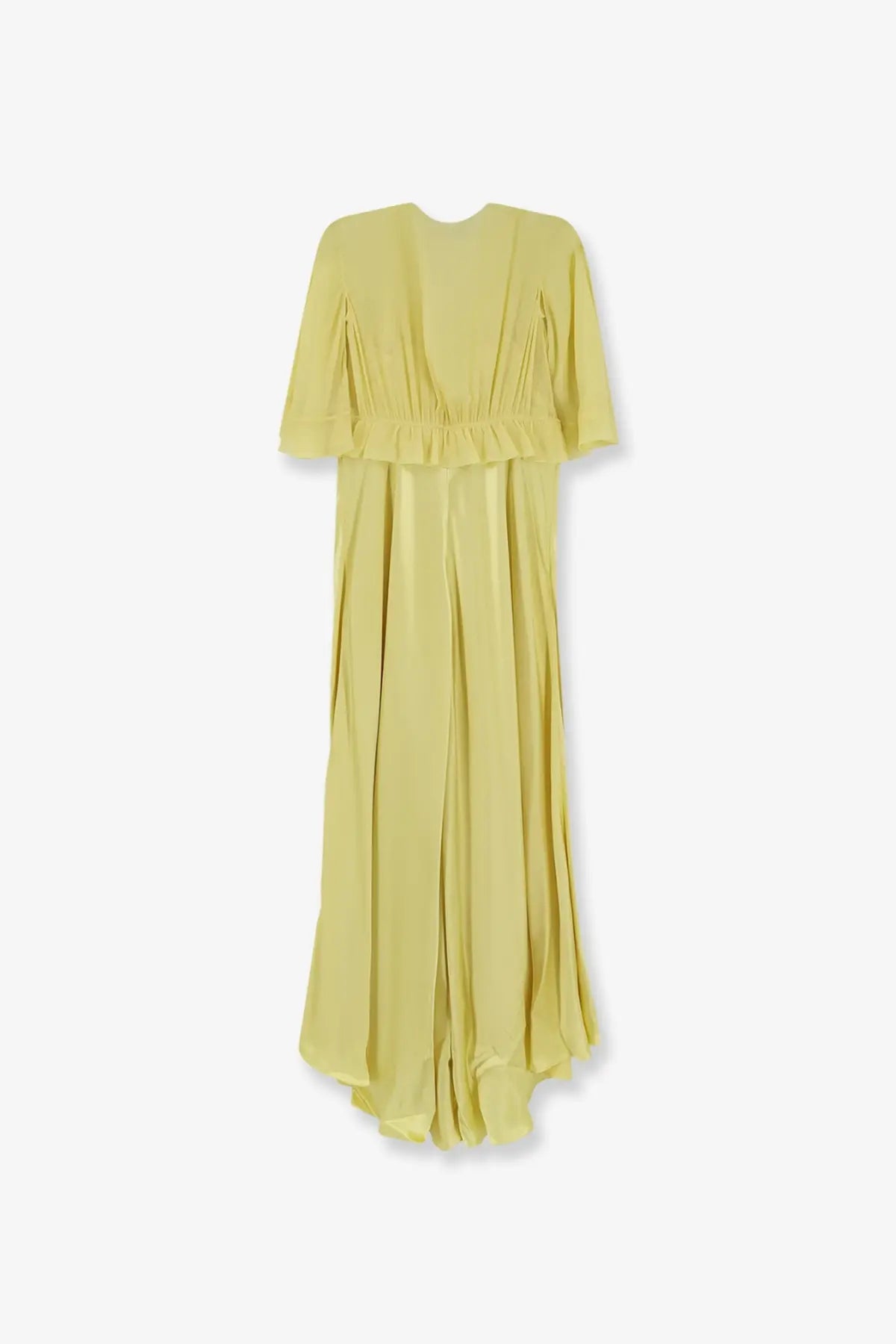 Alberta Ferretti women’s satin long yellow dress with flowing silk fabric short flutter sleeves and ruffled waistband