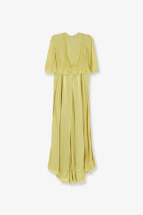 Alberta Ferretti women’s satin long yellow dress with flowing silk fabric short flutter sleeves and ruffled waistband