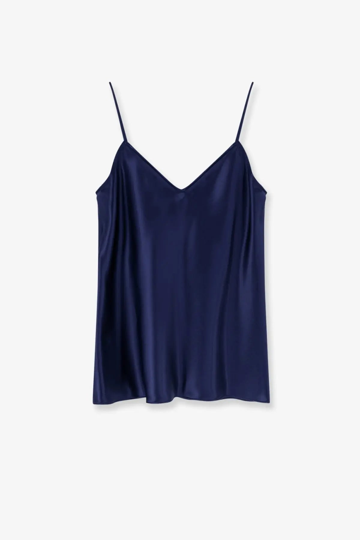 Alberta Ferretti women’s navy blue satin camisole top with thin spaghetti straps and v-neckline