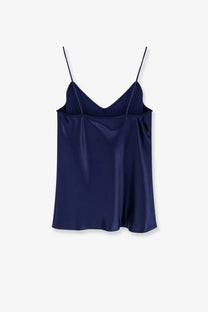 Alberta Ferretti women’s navy blue satin camisole top with thin spaghetti straps and v neckline