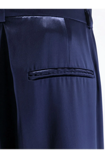 Alberta Ferretti women’s satin trousers in navy blue with a sleek smooth texture and subtle sheen