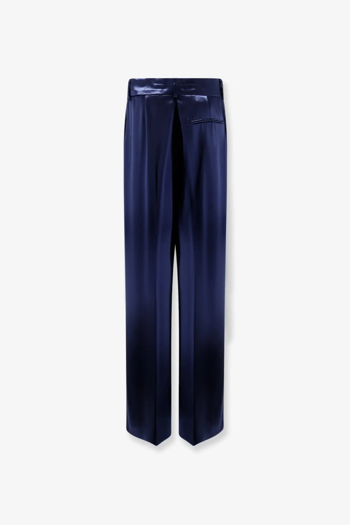 Alberta Ferretti women’s navy blue satin wide-leg high waist trousers with subtle front pocket detail