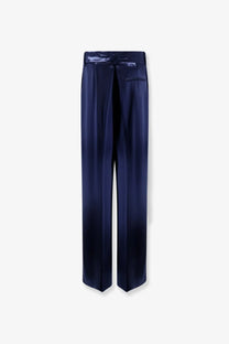 Alberta Ferretti women’s navy blue satin wide-leg high waist trousers with subtle front pocket detail