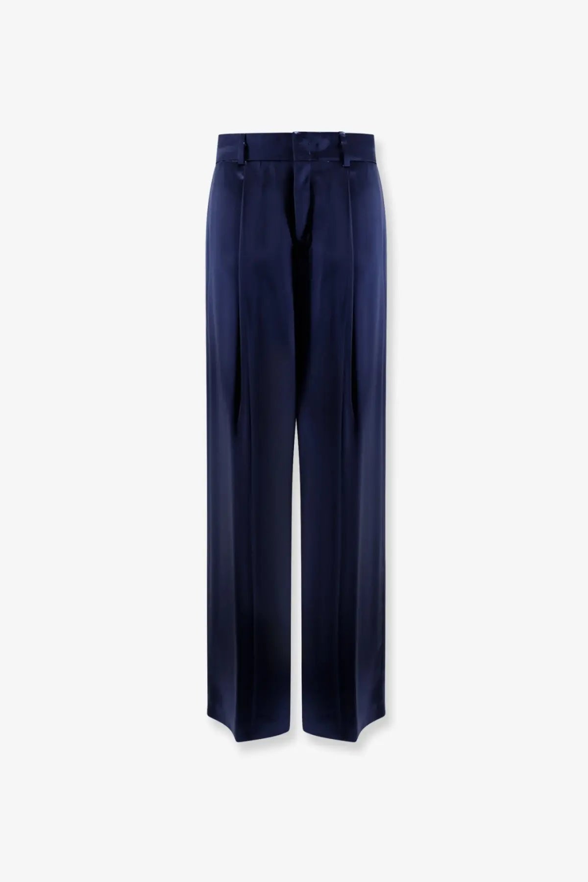 Alberta Ferretti women’s navy blue satin trousers with wide legs and subtle front pleats for elegant wear