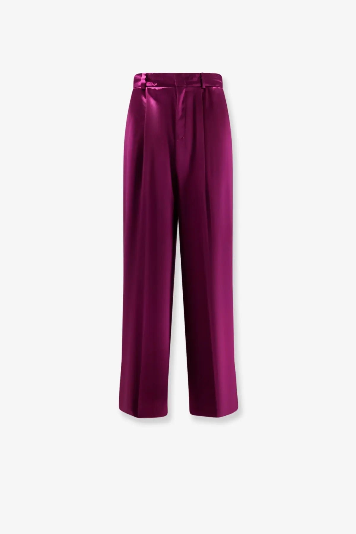 Alberta Ferretti women’s high-waisted wide-leg satin trousers in shiny deep magenta purple fabric