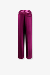 Alberta Ferretti women’s magenta satin wide-leg trousers with high waist and front pocket in purple