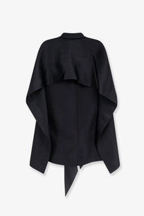 Alberta ferretti women’s black silk cape top with ruffled sleeves and asymmetrical hem shown from back
