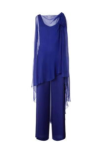 Alberta Ferretti women’s royal blue silk two-piece outfit with sheer draped top and wide-leg trousers