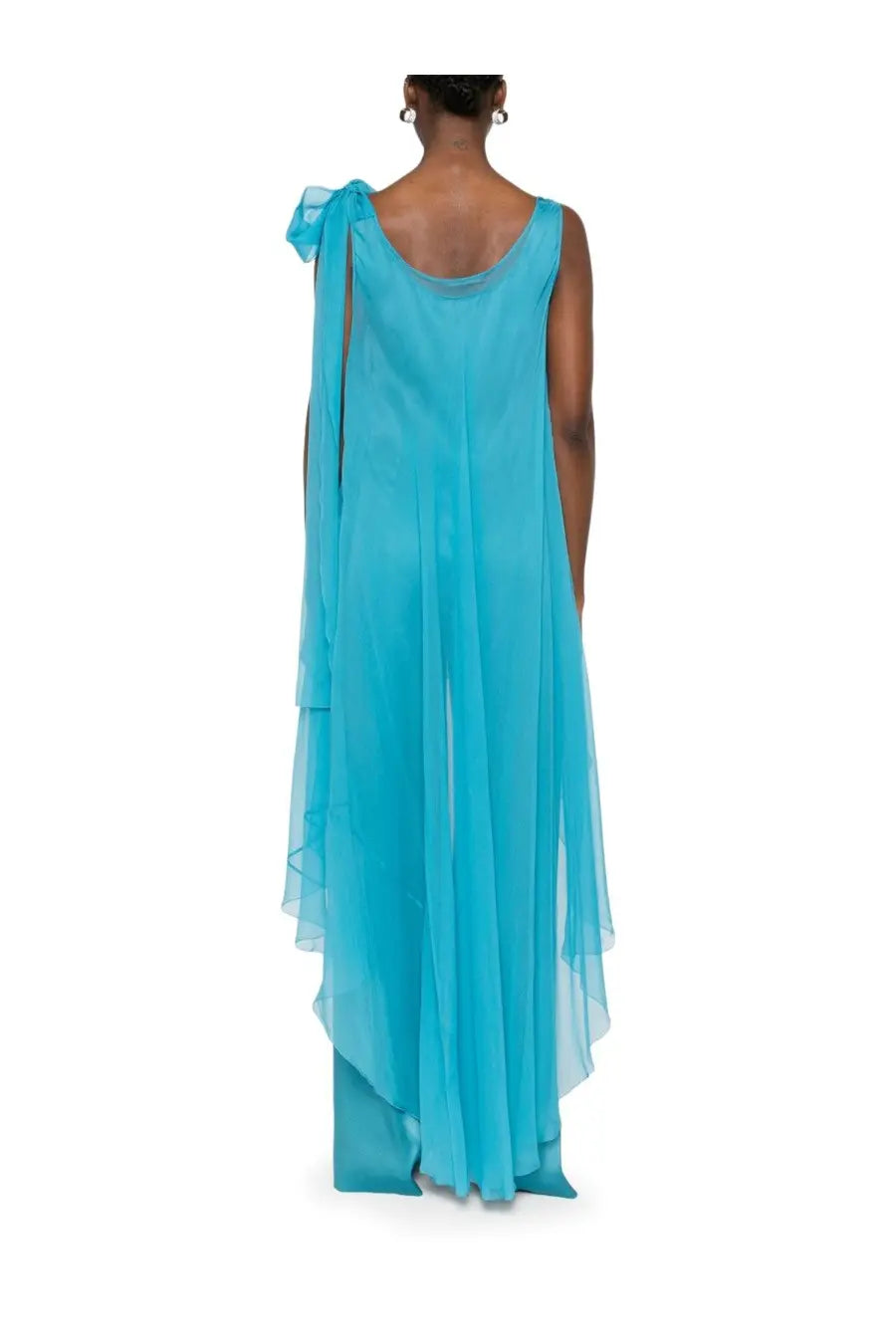 Alberta Ferretti women’s silk jumpsuit blue with a flowing turquoise gown style draped asymmetrical hem and single shoulder bow