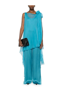 Alberta Ferretti women’s blue silk two-piece set with sheer draped top and wide-leg satin pants